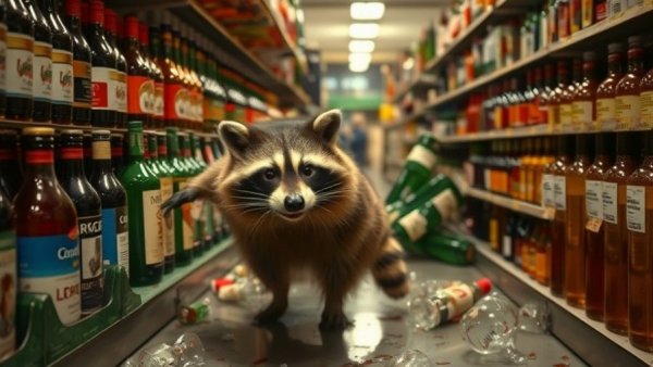 Raccoon liquor store incident with bottles scattered, photorealistic chaos.