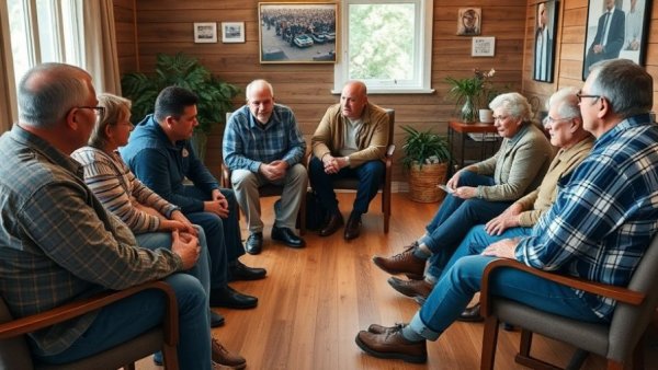 Diverse group of veterans discussing mental health struggles in a support meeting.