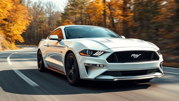 Ford Mustang racing on road, highlighting sales increase.