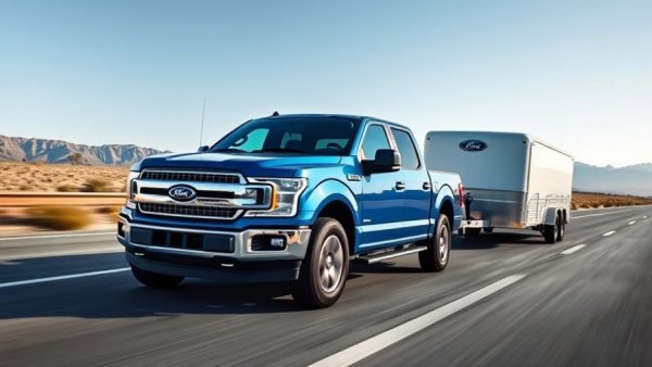 Ford F-150 towing trailer on highway, trust online car dealer reviews.