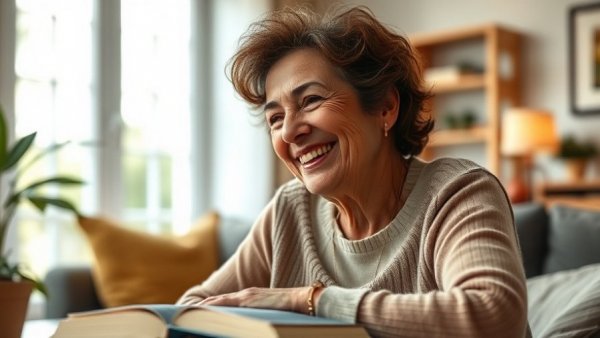 Middle-aged woman finding worth in retirement at home.