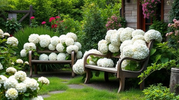 A serene rustic garden with benches and a floral archway.
