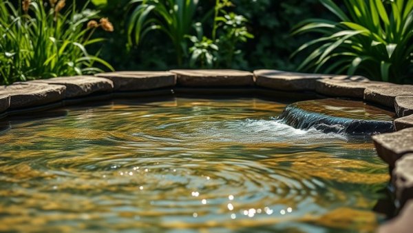 Modern patio water feature with stones and greenery.