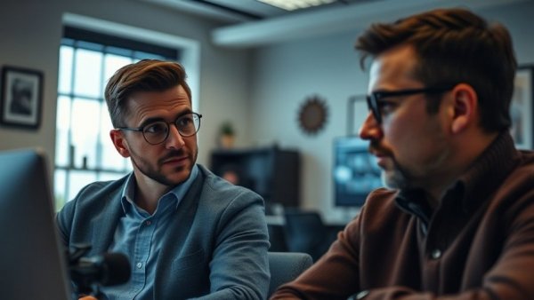 Cinematic video call with two men engaged in discussion.