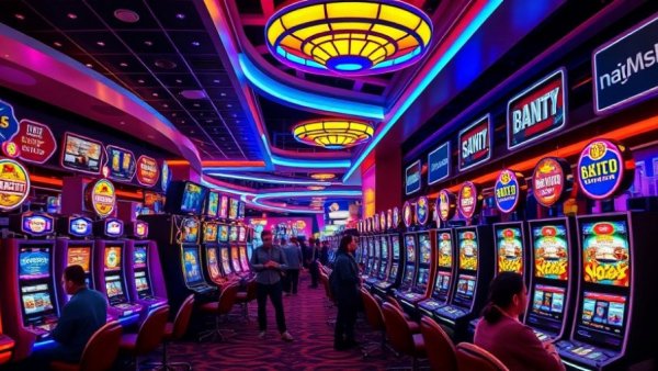 Dynamic Las Vegas casino scene with colorful slot machines.
