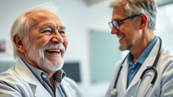 Elderly man's smile in doctor's office highlighting lower dementia risk linked to routine vaccination.