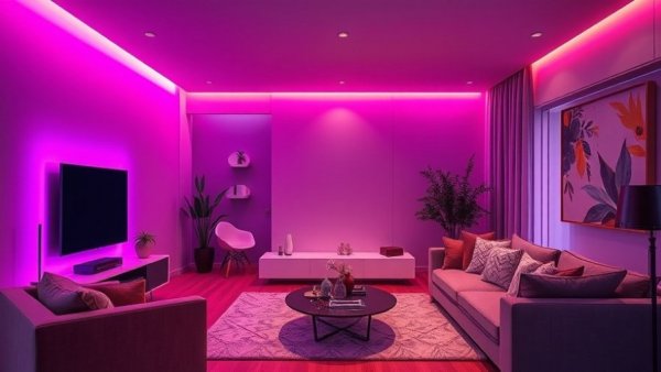 Modern living room with vibrant smart lighting ideas for 2026.