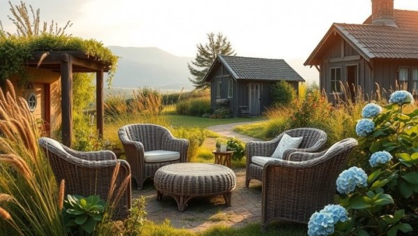 Rustic garden design principles with furniture, cottage, and greenery.