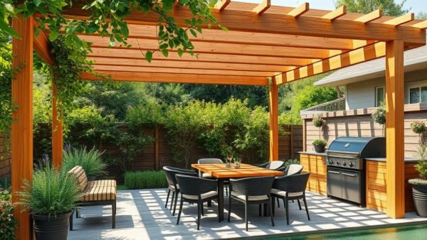 Rustic pergola in a garden with modern furniture and plants.