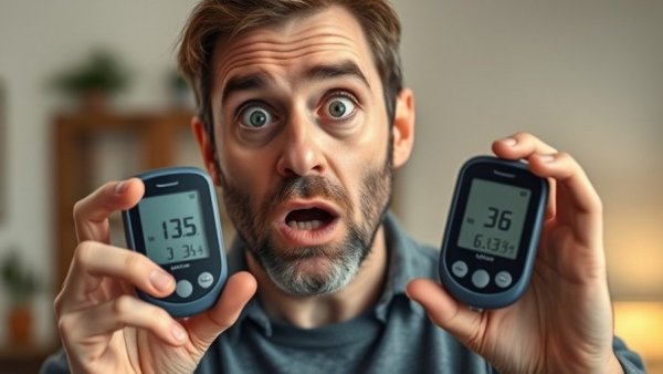 Surprised man displays glucose meters with different blood sugar levels, highlighting blood sugar mistakes diabetics make.