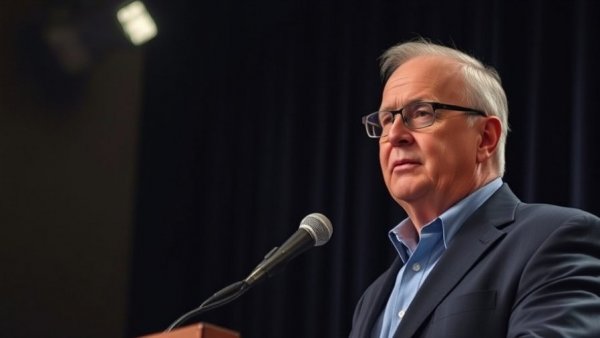 Distinguished speaker on stage with serious expression, delivering speech.