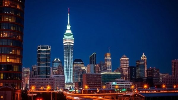 Vibrant nighttime skyline of Atlanta with glowing skyscrapers.