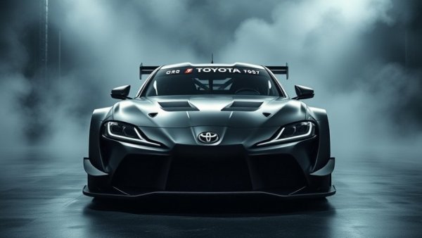 Sleek Toyota GR GT3 Racer in dark, misty studio, front view.