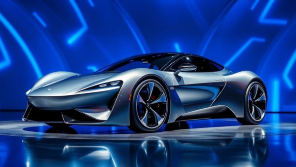 Sleek futuristic electric sports car on stage with blue backdrop lighting.