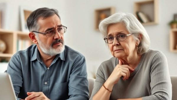 Concerned couple discussing retirement readiness.
