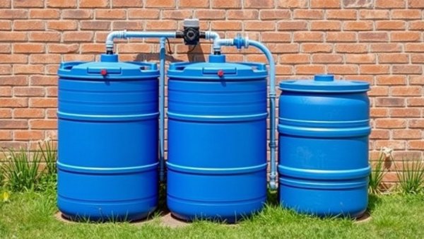 DIY sustainable homemade projects: interconnected rainwater barrels.