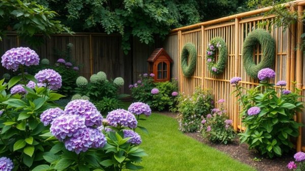 The beauty of simple things in a charming garden with hydrangeas and greenery.