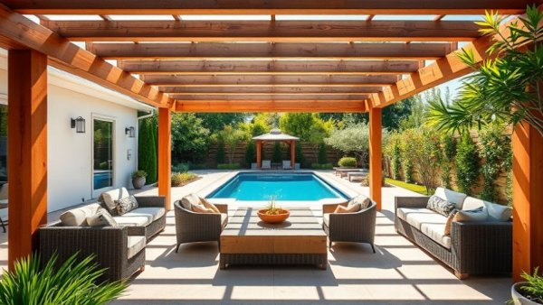 Modern patio with wooden pergola and water features