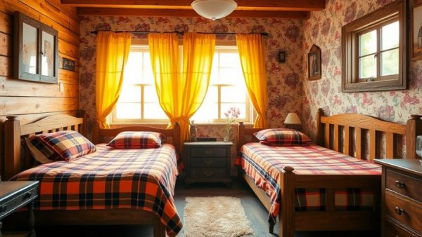 Cozy bedroom with best plaid bedding, vintage decor, vibrant lighting.