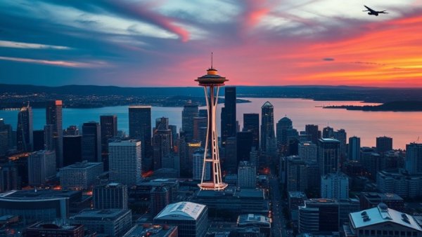 Aerial view of Seattle skyline at sunset, featuring the Space Needle.