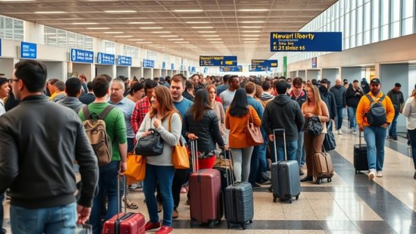 Busy terminal at Newark Liberty, travelers in line, travel stress.