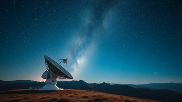 Wi-Fi in Quiet Zone: Radio telescope under starry sky in peaceful mountains.