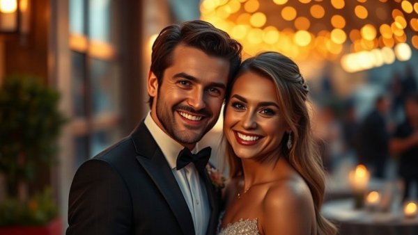 Elegant couple smiling together in evening wear.