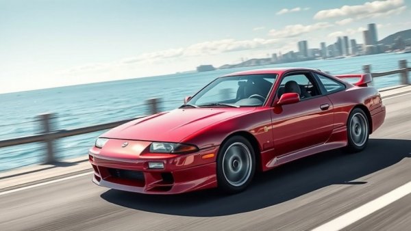 Red Nissan 240SX in motion by the water, with city skyline in the background.
