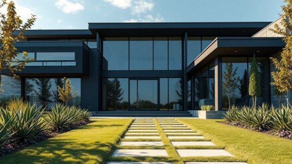 Modern luxury home exterior with sleek design and garden pathway.
