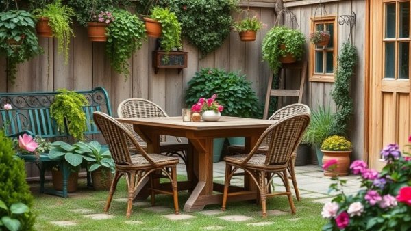 Vintage farmhouse garden with wooden table and lush greenery.