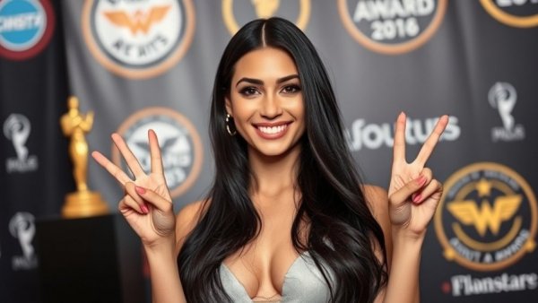 Elegant woman posing at awards show, smiling and making peace signs.