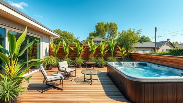 Chic hot tub deck design with modern furniture and greenery.