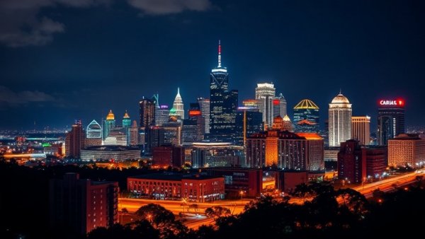 Night view of Dallas skyline, illuminated cityscape, best things to do in Dallas Texas.