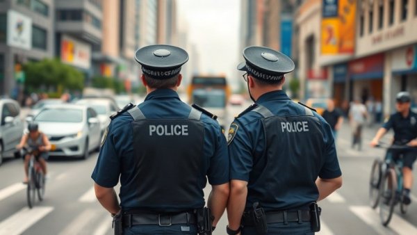 Police oversee busy urban street, highlighting cities hit hardest by crime and poverty.