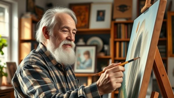 Elderly man painting happily, showcasing creative hobbies keep brain young.