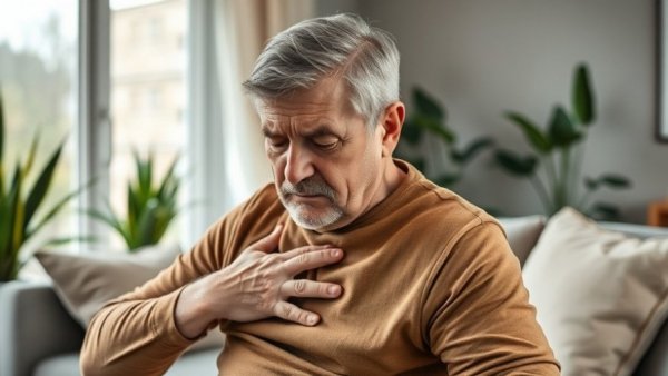 Older man experiencing shoulder discomfort in a cozy living room.