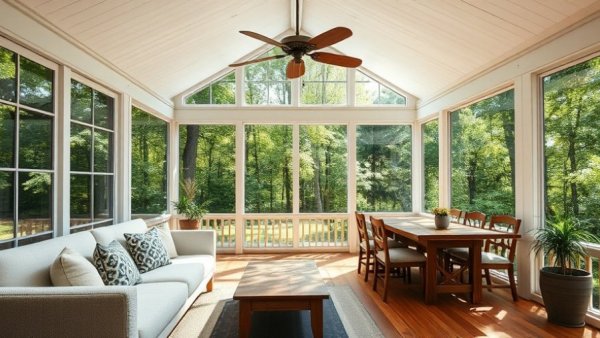 Back porch seating area design ideas with glass ceiling and forest view