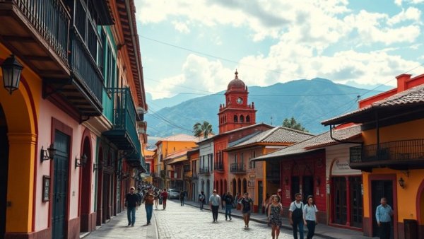 Colorful Bogotá street with mountains and historic buildings.