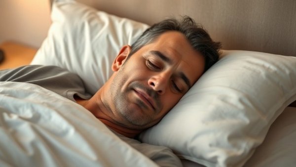 Middle-aged man sleeping on his side, serene; sleep positions nerve damage.