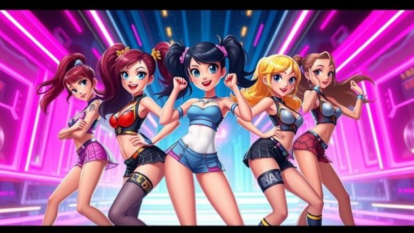 Animated female characters in vibrant futuristic setting, Vans KPop Demon Hunters collaboration.