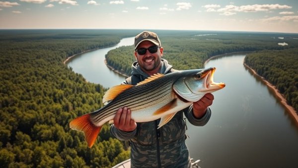 Fishing for Striped Bass at Toledo Bend Reservoir, man holding fish, aerial view.