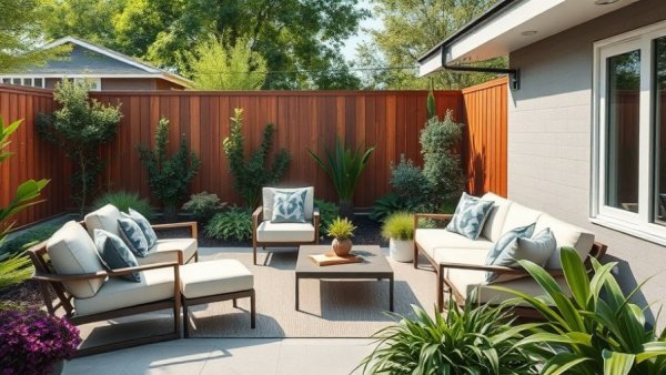 Modern patio outdoor seating area design with stylish furnishings and greenery.