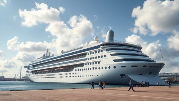 Cruise ship docked at harbor with people approaching.