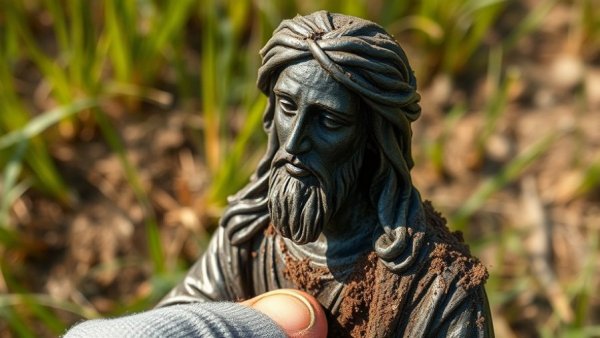 Ancient 900-year-old figure of Jesus unearthed in a field, held in a gloved hand.
