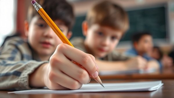 Close-up of student writing in a classroom, warm lighting.