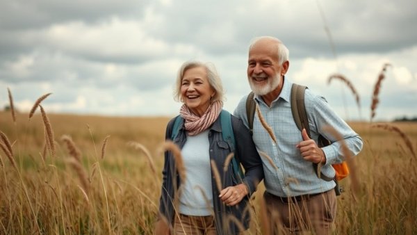 Active elderly couple hiking, promoting medical tests for men over 40.