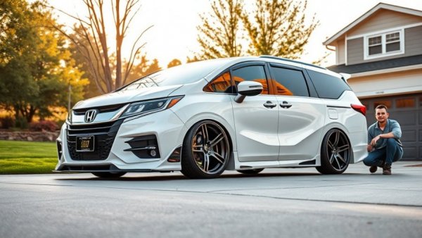 Custom Honda Odyssey on driveway with smiling person beside.