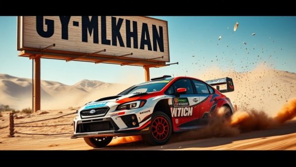 Gymkhana Aussie Shred rally car crashes through billboard in action scene.