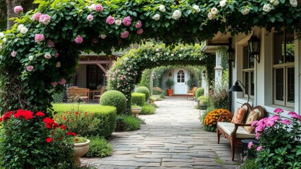 Vintage garden design principles showcased in a lush, blooming garden.