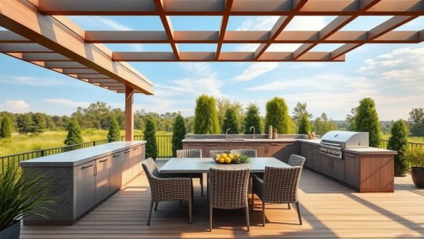 Modern outdoor deck kitchen design with dining area.
